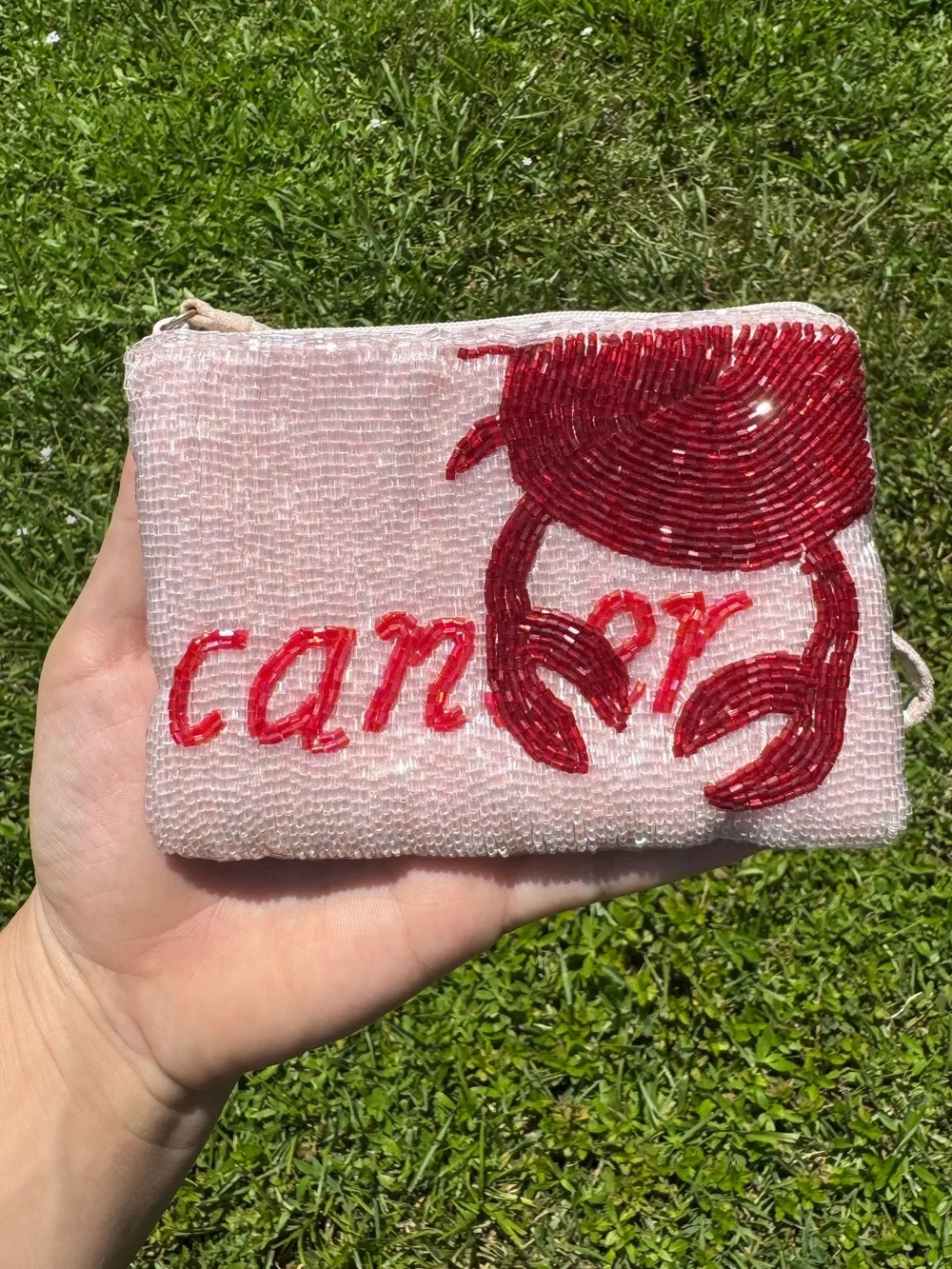Beaded Pink Wristlet Clutch with Red Cancer ♋️ Crab 🦀 Motif